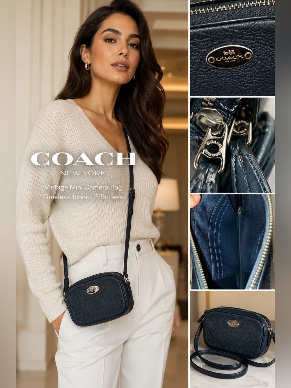 Vintage Coach Mini Camera Bag Navy Pebbled Leather Crossbody Rare Y2K